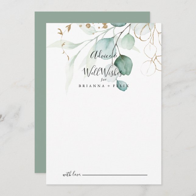  Gold Eucalyptus Calligraphy Wedding Well Wishes  Advice Card (Front/Back)