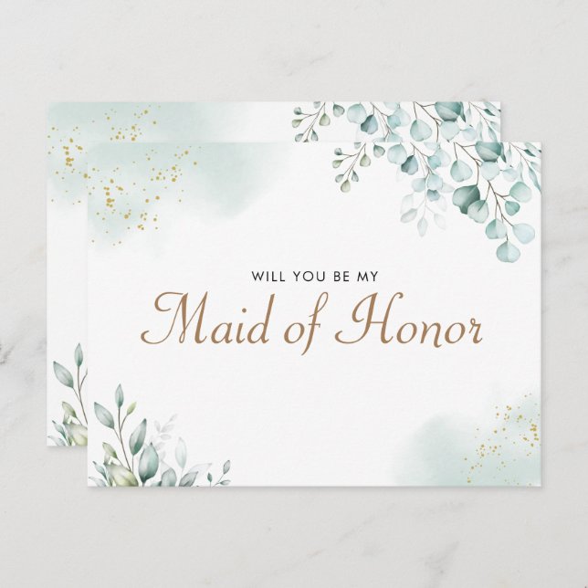 Gold Eucalyptus Greenery Maid of Honour Proposal Invitation Postcard (Front/Back)
