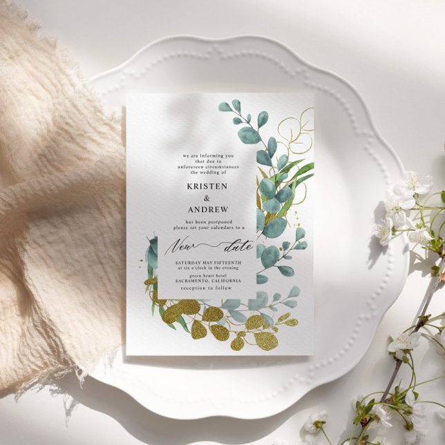 Gold Eucalyptus Greenery New Date Wedding  Invitation (Creator Uploaded)