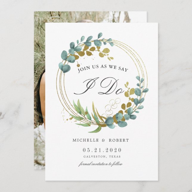 gold eucalyptus greenery Photo Save The Date  Invitation (Front/Back)