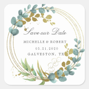 gold eucalyptus greenery Save The Date Square  Square Sticker
