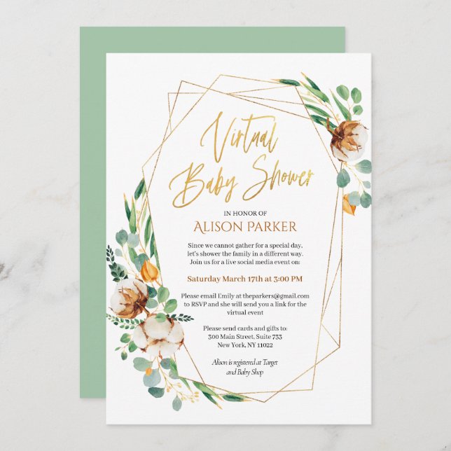 Gold Eucalyptus Greenery Virtual Baby Shower Invitation (Front/Back)