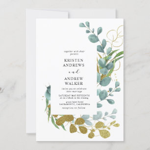 gold eucalyptus greenery wedding invitation