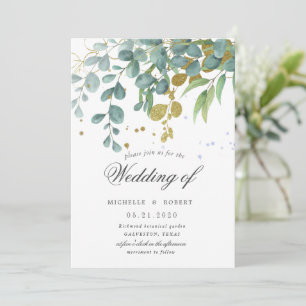 gold eucalyptus greenery wedding invitation
