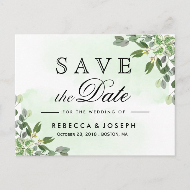 Gold Eucalyptus Greenery Wedding Save the Date Postcard (Front)