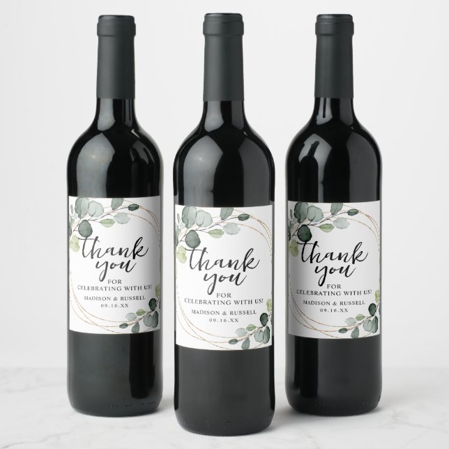 Gold Eucalyptus Greenery Wedding Wine Label (Bottles)