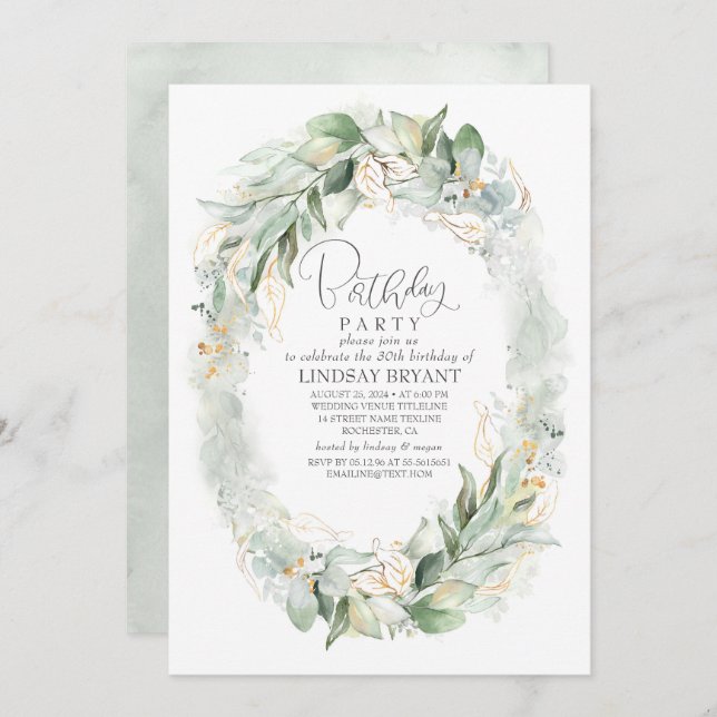 Gold Eucalyptus Greenery Wreath Boho Birthday Invitation (Front/Back)