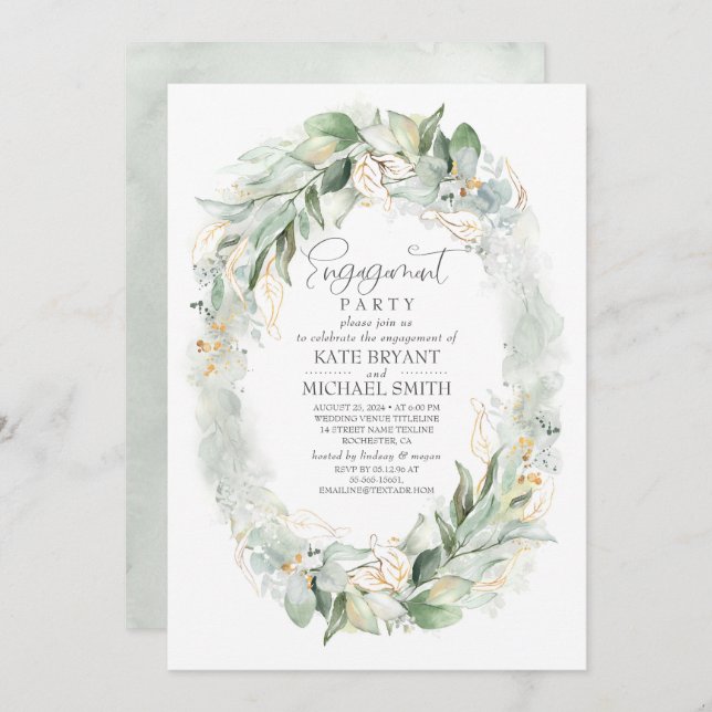 Gold Eucalyptus Greenery Wreath Engagement Party Invitation (Front/Back)