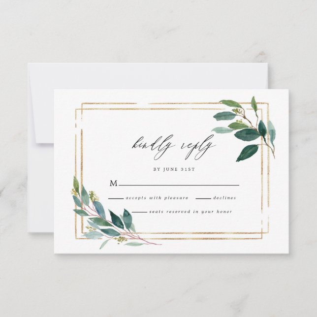 Gold Eucalyptus Leaf Wedding RSVP Card (Front)