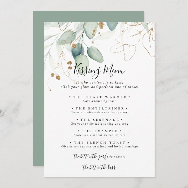  Gold Eucalyptus Wedding Kissing Menu Game Card (Front/Back)