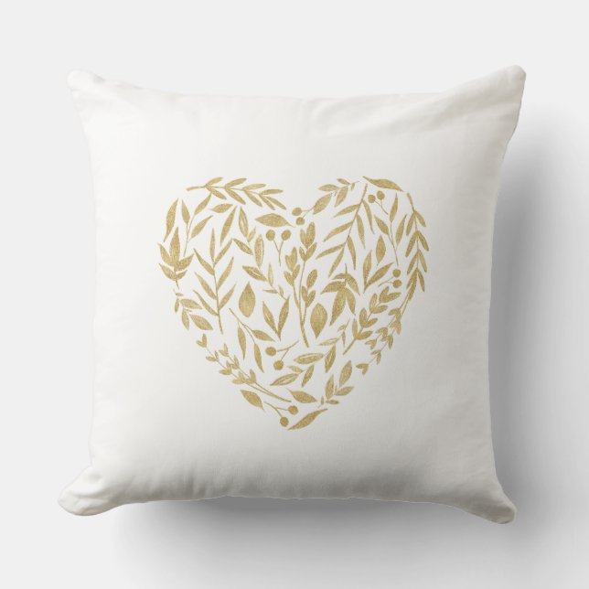 Gold Evergreen Heart Wedding Decor Date Mr & Mrs Cushion (Front)