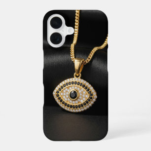 Gold Evil Eye Necklace on Black Silk Fabric iPhone 16 Case