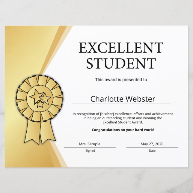 Gold Excellent Student Award Honour Certificate (Front)