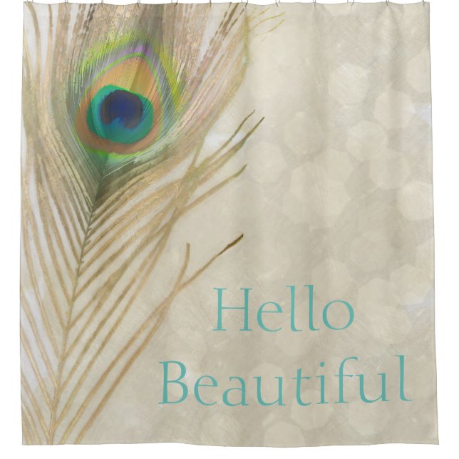 Gold Exotic Peacock Feather Glam Elegant Chic Shower Curtain (Front)