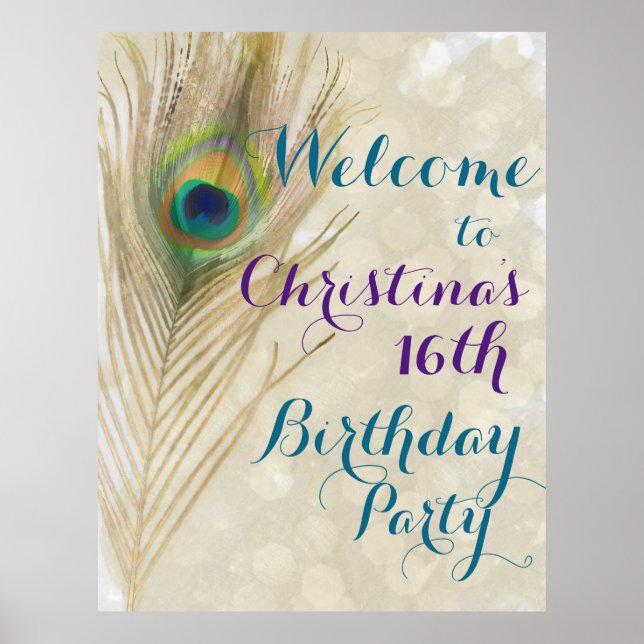 Gold Exotic Peacock Feather Glam Party Banner Poster (Front)