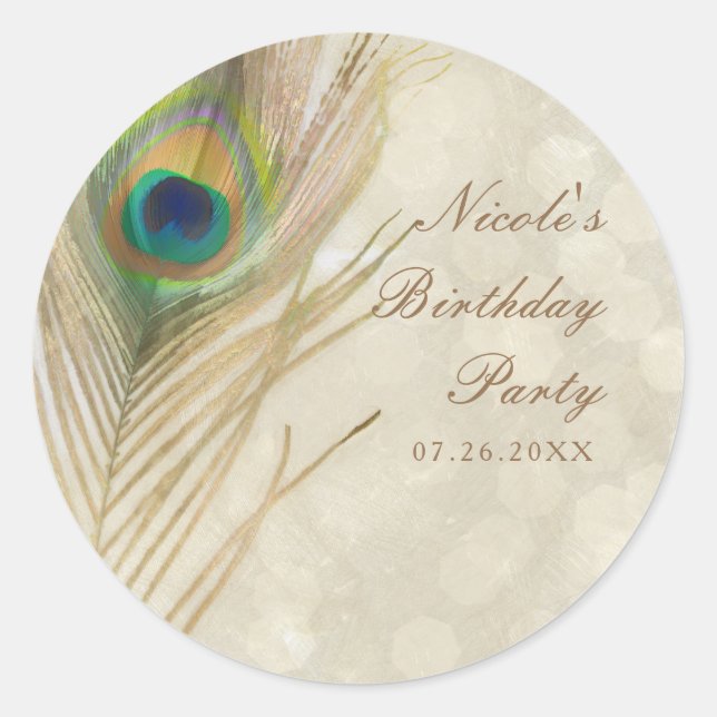 Gold Exotic Peacock Feather Glam Party Favour Classic Round Sticker (Front)