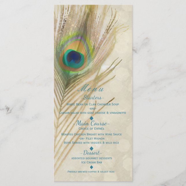 Gold Exotic Peacock Feather Glam Party Menu (Front)