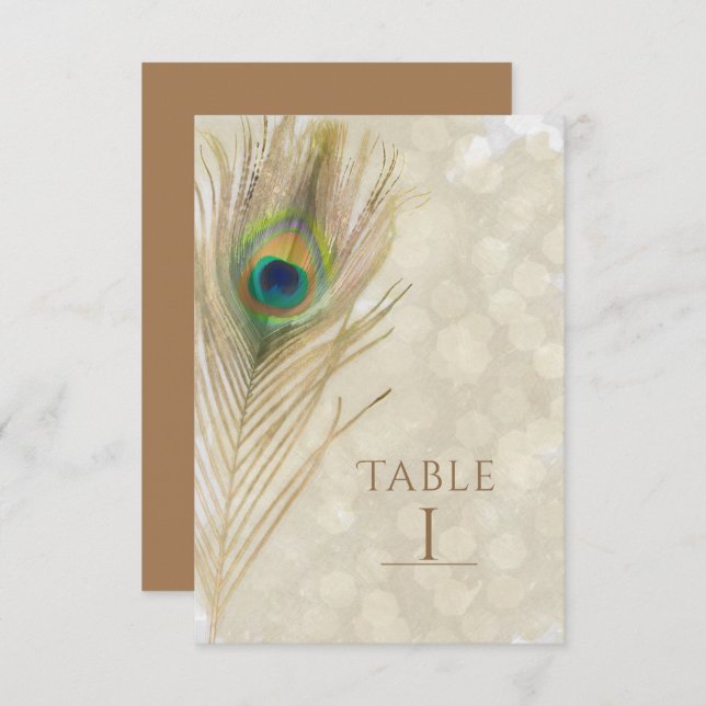 Gold Exotic Peacock Feather Glam Table Number Card (Front/Back)