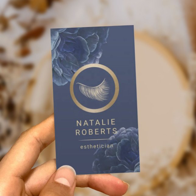 Gold Eyelash Blue Floral Makeup Artist Aestheticia Business Card (Creator Uploaded)