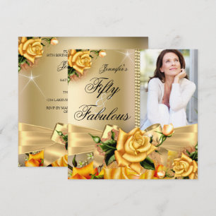 Gold Fabulous 50 Photo Yellow Rose Birthday 3 Invitation