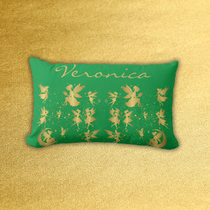 Gold Fairies with Pixie Dust on Green Monogram Lumbar Cushion