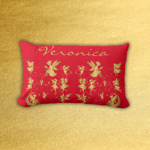 Gold Fairies with Pixie Dust on Red Monogram Lumbar Cushion