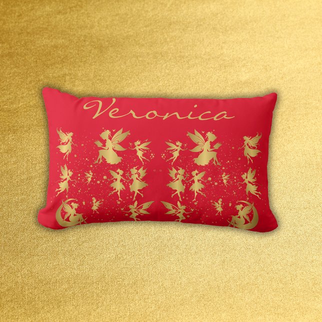 Gold Fairies with Pixie Dust on Red Monogram | Lumbar Cushion (Creator Uploaded)