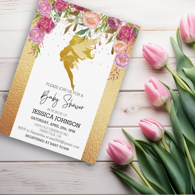 Gold Fairy Baby Shower Pink Floral Invitation (Creator Uploaded)