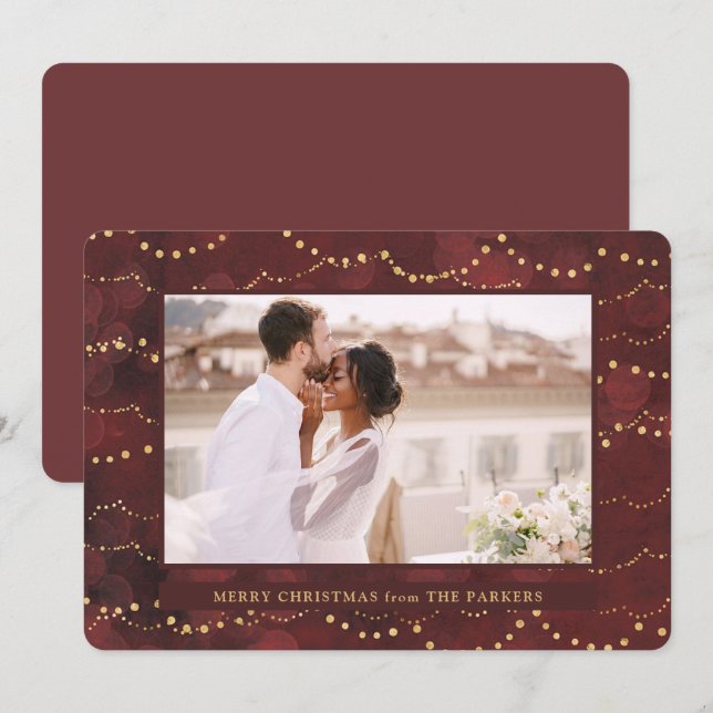 Gold Fairy Lights | Elegant One Photo Christmas Holiday Card (Front/Back)