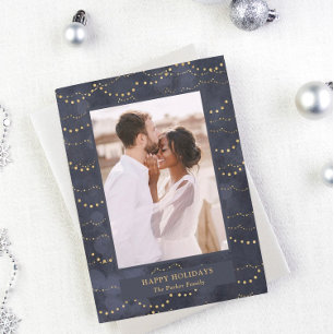 Gold Fairy Lights Elegant One Photo Holiday Card