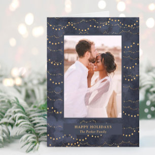 Gold Fairy Lights Elegant One Photo Holiday Card