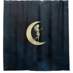 Gold Fairy Moon on Night Sky Shower Curtain