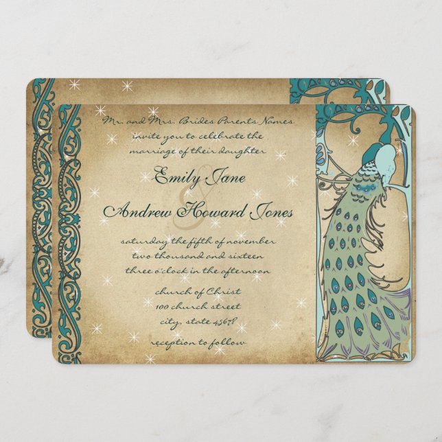Gold Fairy Tale Peacock Wedding Invitation (Front/Back)