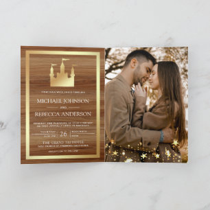 Gold Fairytale Castle Carriage QR Code Wedding Invitation