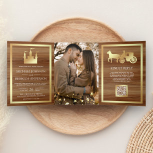 Gold Fairytale Castle Carriage QR Code Wedding Tri-Fold Invitation