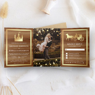 Gold Fairytale Castle Princess Carriage Wedding Tri-Fold Invitation