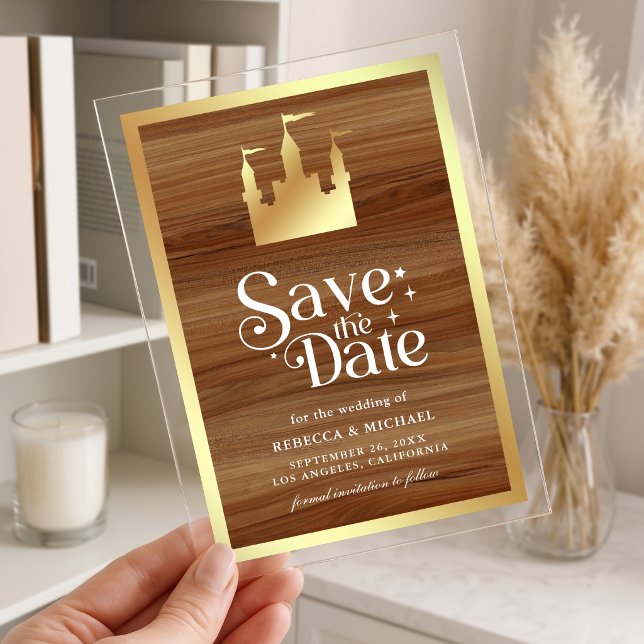 Gold Fairytale Castle Wedding Save the Date Acrylic Invitations (Creator Uploaded)