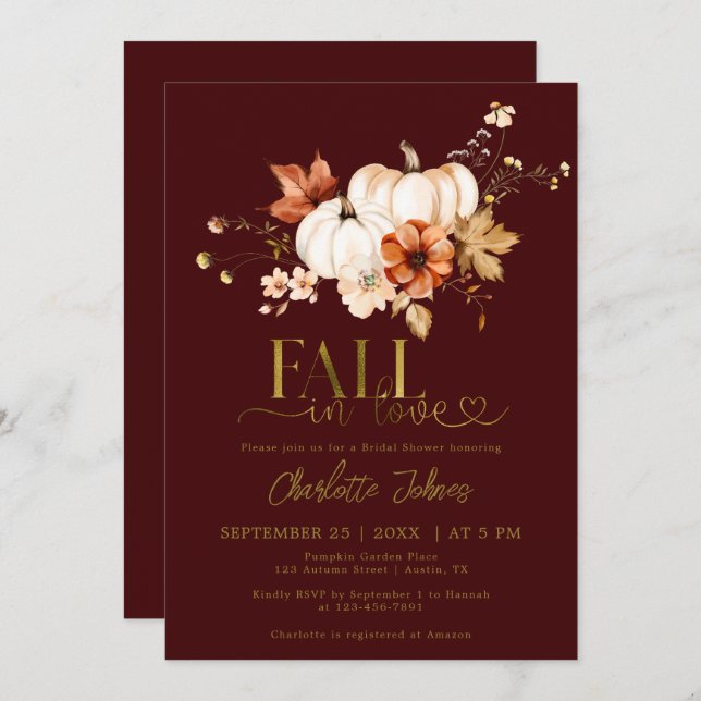 Gold Fall In Love Burgundy Pumpkin Bridal Shower Invitation (Front/Back)