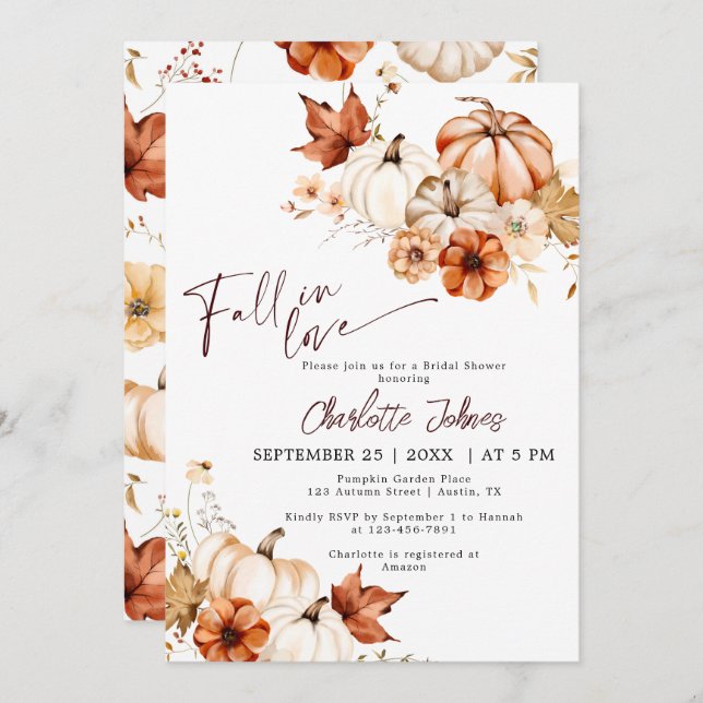 Gold Fall In Love Burgundy Pumpkin Bridal Shower Invitation (Front/Back)