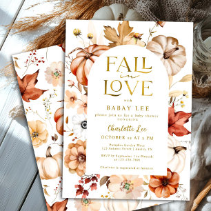 Gold Fall in Love Floral Arch Pumpkin Baby Shower Invitation