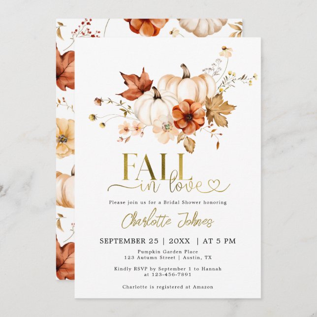 Gold Fall In Love Rust Cream Pumpkin Bridal Shower Invitation (Front/Back)