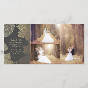 Gold Fall Leaves Wedding Photo Thank You Card