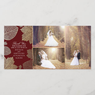 Gold Fall Leaves Wedding Photo Thank You Card