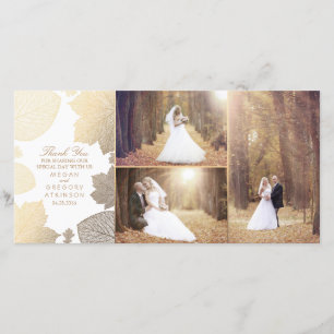 Gold Fall Leaves White Wedding Photo Thank You Card