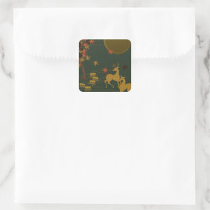 Gold Fall Moon Rustic Forest Nature Deer Square Sticker