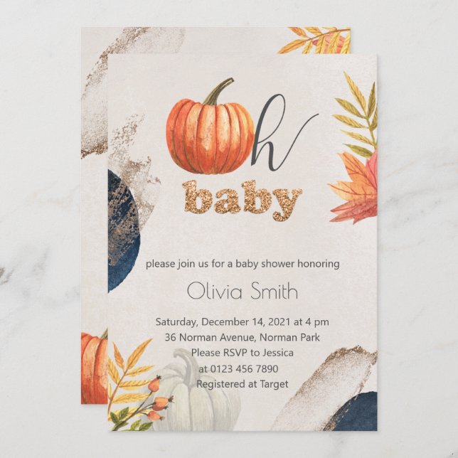 Gold Fall Pumpkin Oh Baby Baby Shower Invitation (Front/Back)