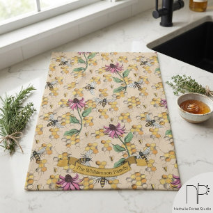 Gold Farmhouse Bee Honeycomb Family Name Tea Towel