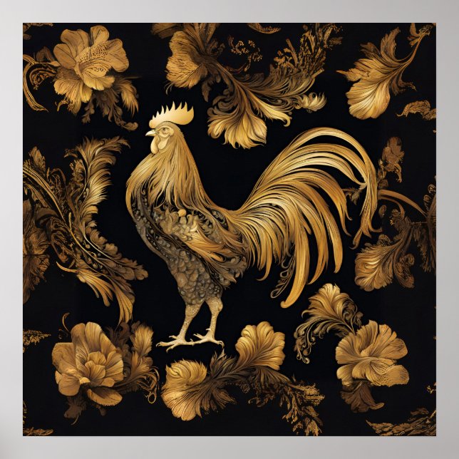 Gold Farmhouse rooster on black.  Poster (Front)