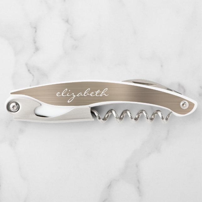 Gold Faux Brushed Metal Personalised Script Corkscrew (Front)