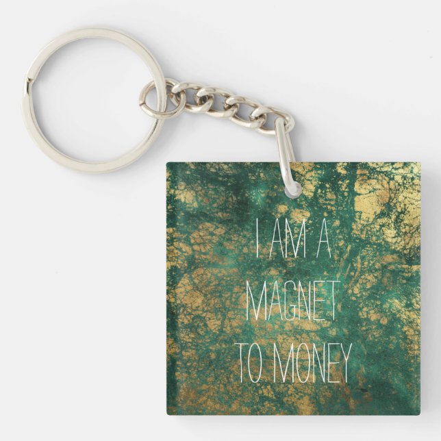 Gold Faux Foil and Green Money Manifestation Quote Key Ring (Front)